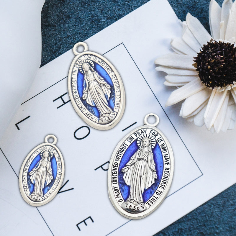 10 Pcs Miraculous Medal Pendant Charms – Catholic Necklace or Rosary Charms, Blessed Virgin Oval Pendants with Loop