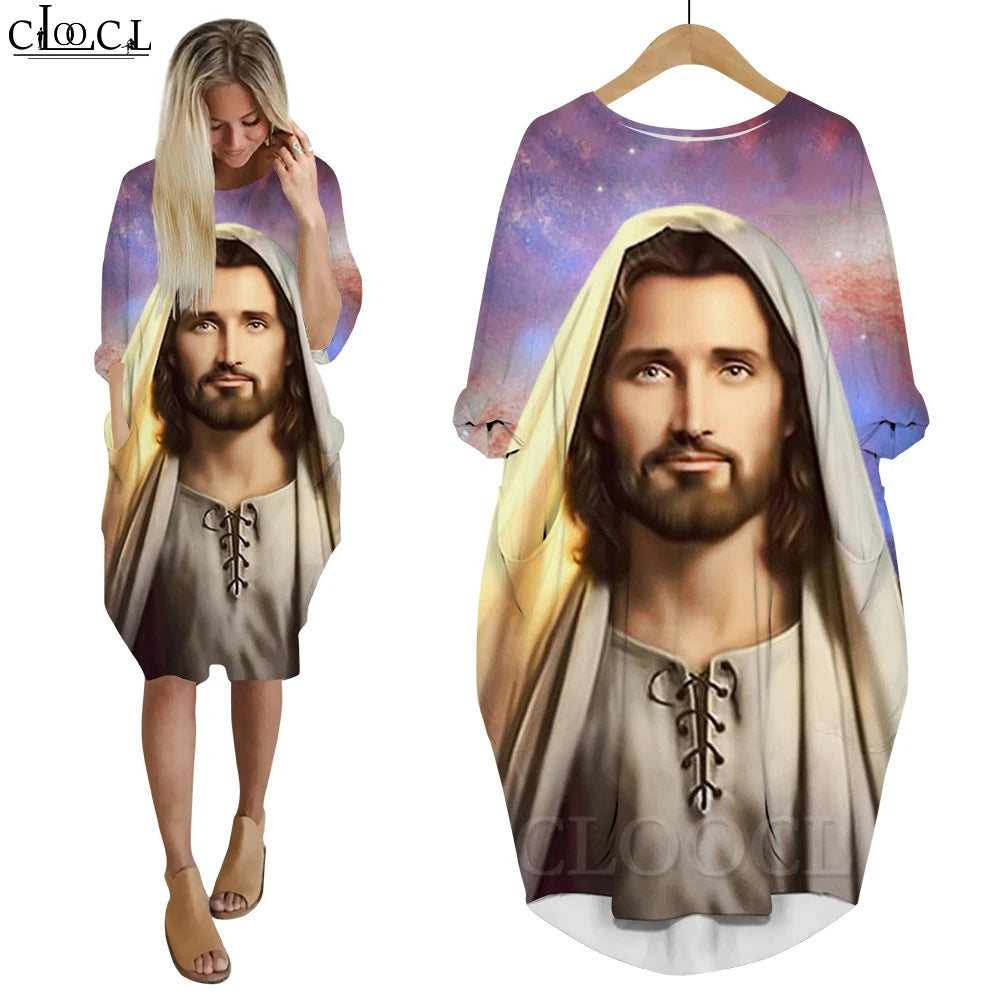 Women’s Jesus Catholic Loose Dress – Knee-Length Casual Long Sleeve Pocket Dress with 3D Printing