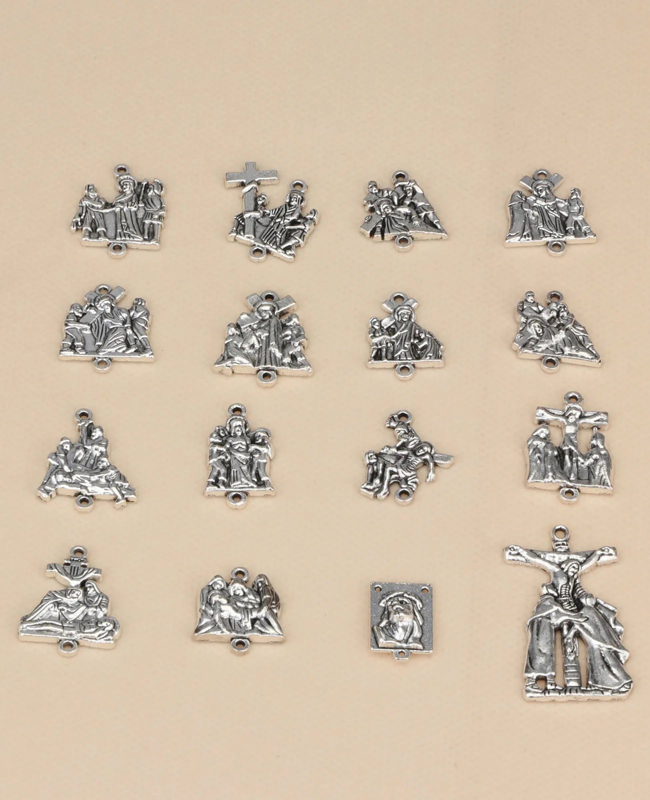 Stations of the Cross 16-Piece Medals Set - Crucifix, Jesus Cross, Crown of Thorns Pendants for Rosary DIY Accessories