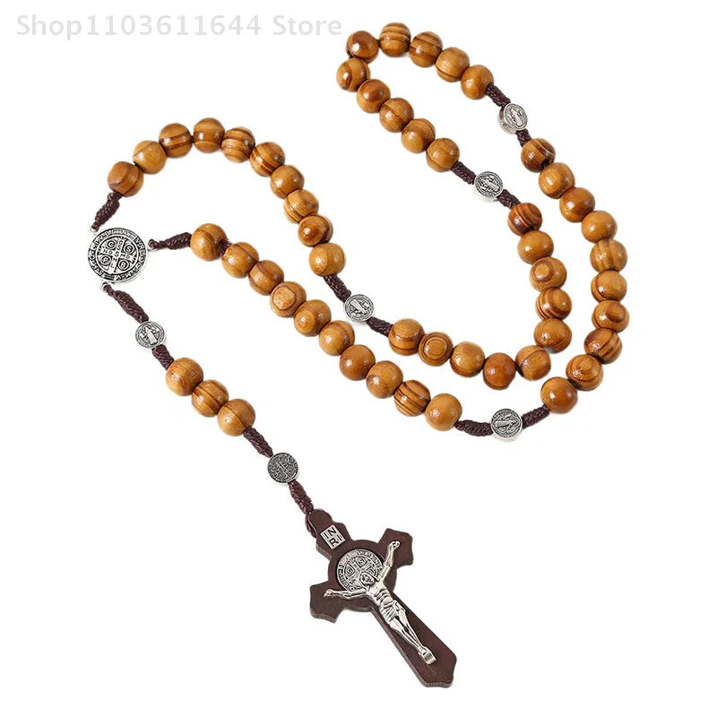 Wood Beads Rosary Cross Necklace For Women Men Christian Virgin Mary INRI Pendant Chain Fashion Religion