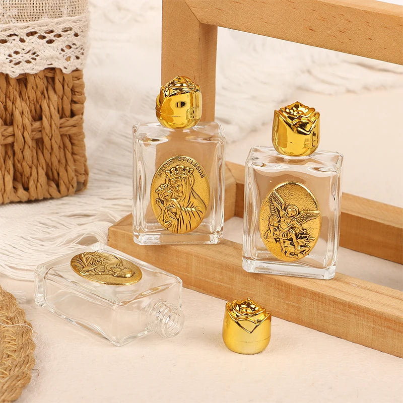 Mini Refillable Holy Water Bottle – Glass with Christian Figure & Rosette Cap – 15ml