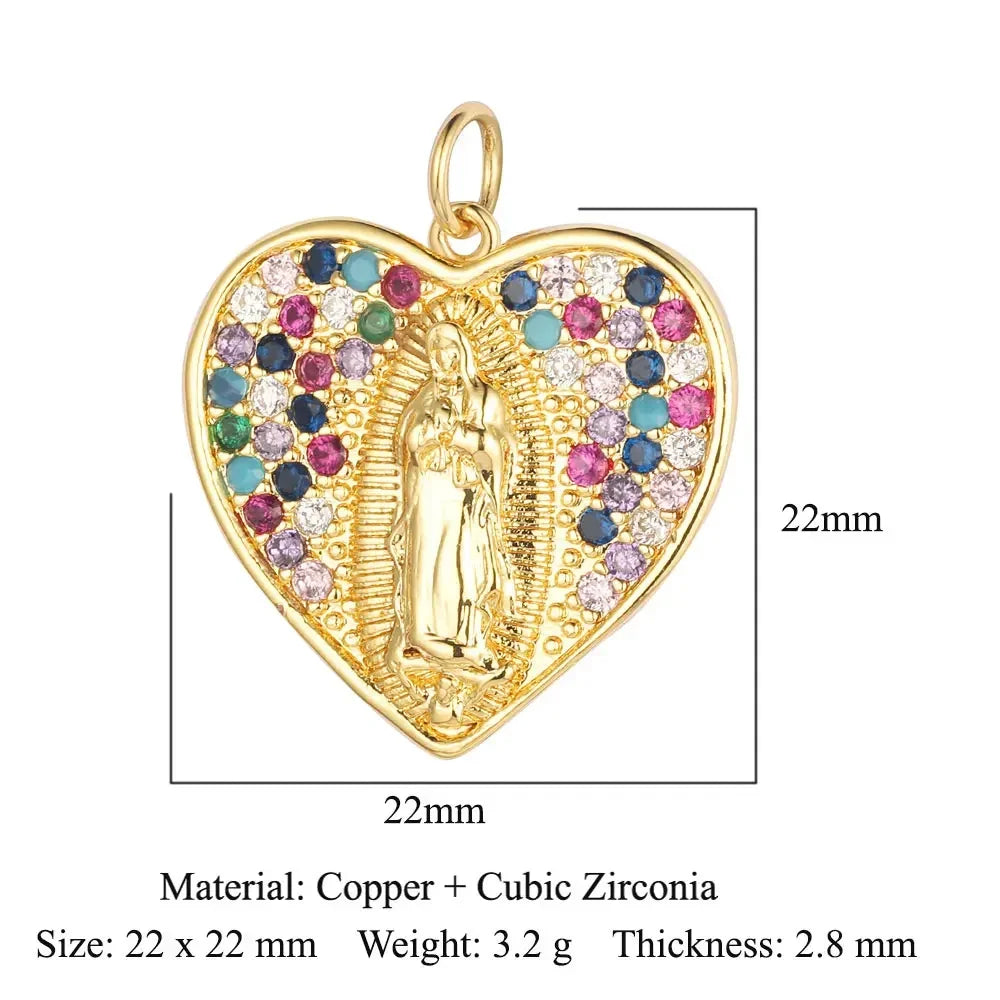 3-Piece Religious Pendant Set – Our Lady & Heart Cross Charms with Cubic Zirconia, Gold or Silver Plated