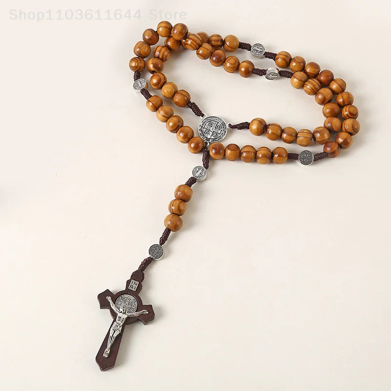 Wood Beads Rosary Cross Necklace For Women Men Christian Virgin Mary INRI Pendant Chain Fashion Religion