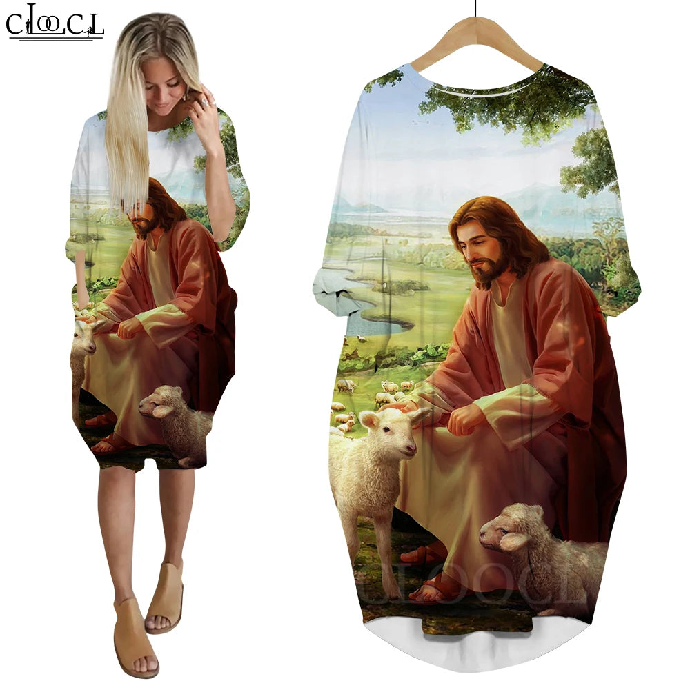 Women’s Jesus Catholic Loose Dress – Knee-Length Casual Long Sleeve Pocket Dress with 3D Printing