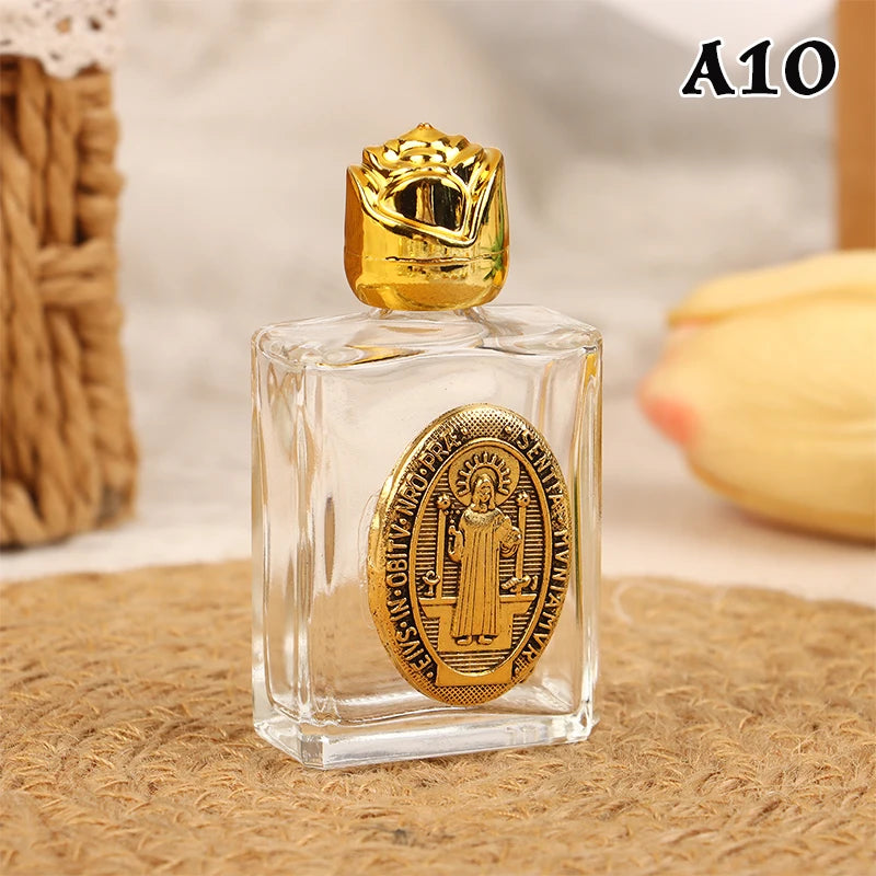 Mini Refillable Holy Water Bottle – Glass with Christian Figure & Rosette Cap – 15ml