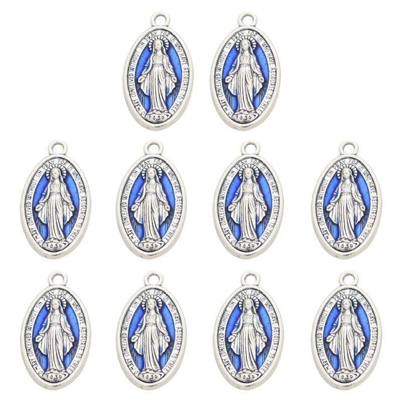 10 Pcs Miraculous Medal Pendant Charms – Catholic Necklace or Rosary Charms, Blessed Virgin Oval Pendants with Loop