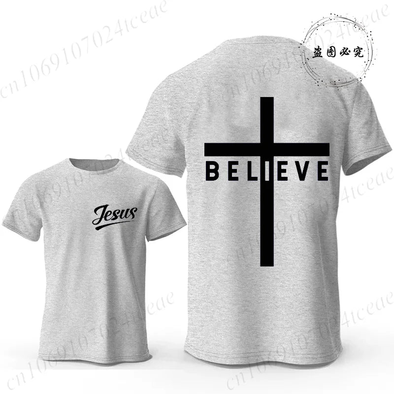 Believe Cross Jesus Graphic Men’s Casual Short Sleeve T-Shirt – Breathable Modal Fabric, Four Seasons Wear