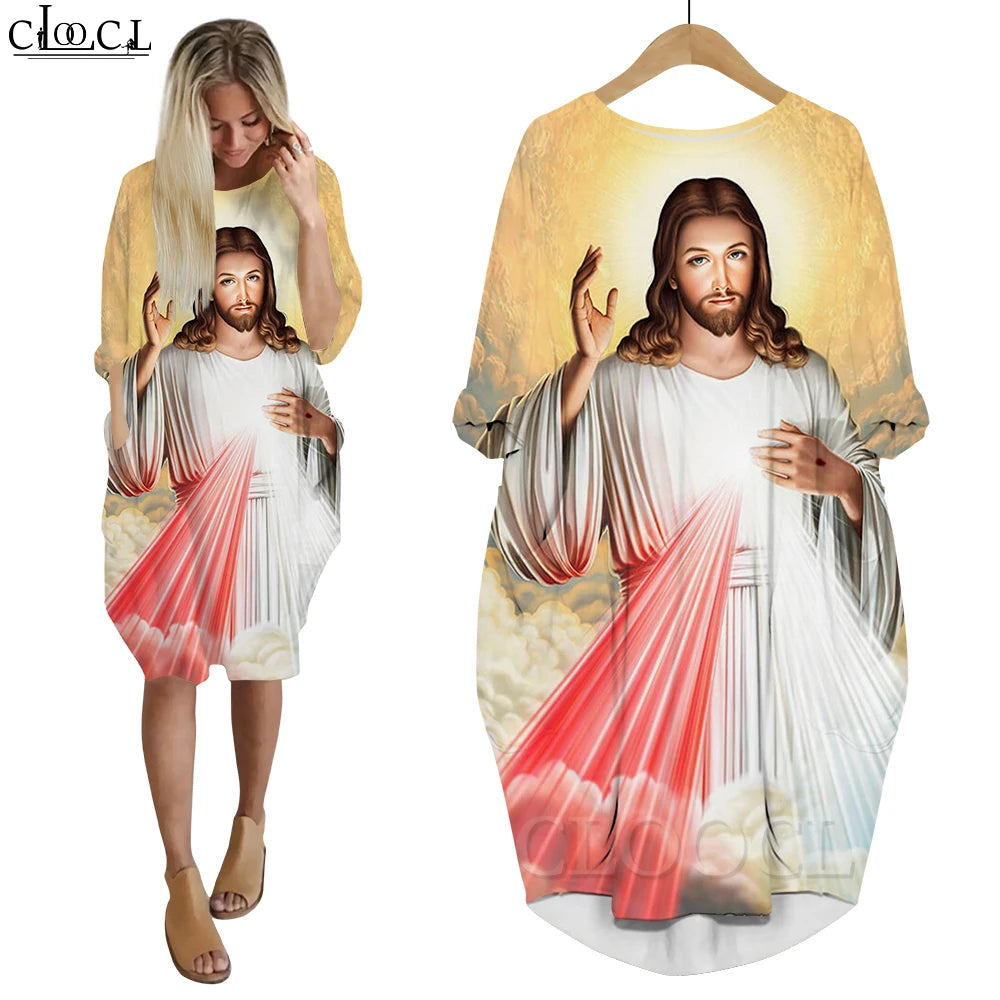 Women’s Jesus Catholic Loose Dress – Knee-Length Casual Long Sleeve Pocket Dress with 3D Printing