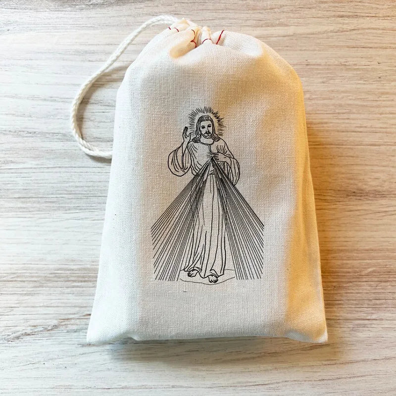 5-Piece Catholic Rosary Pouch Set – Divine Mercy & Virgin Mary Drawstring Cloth Bags