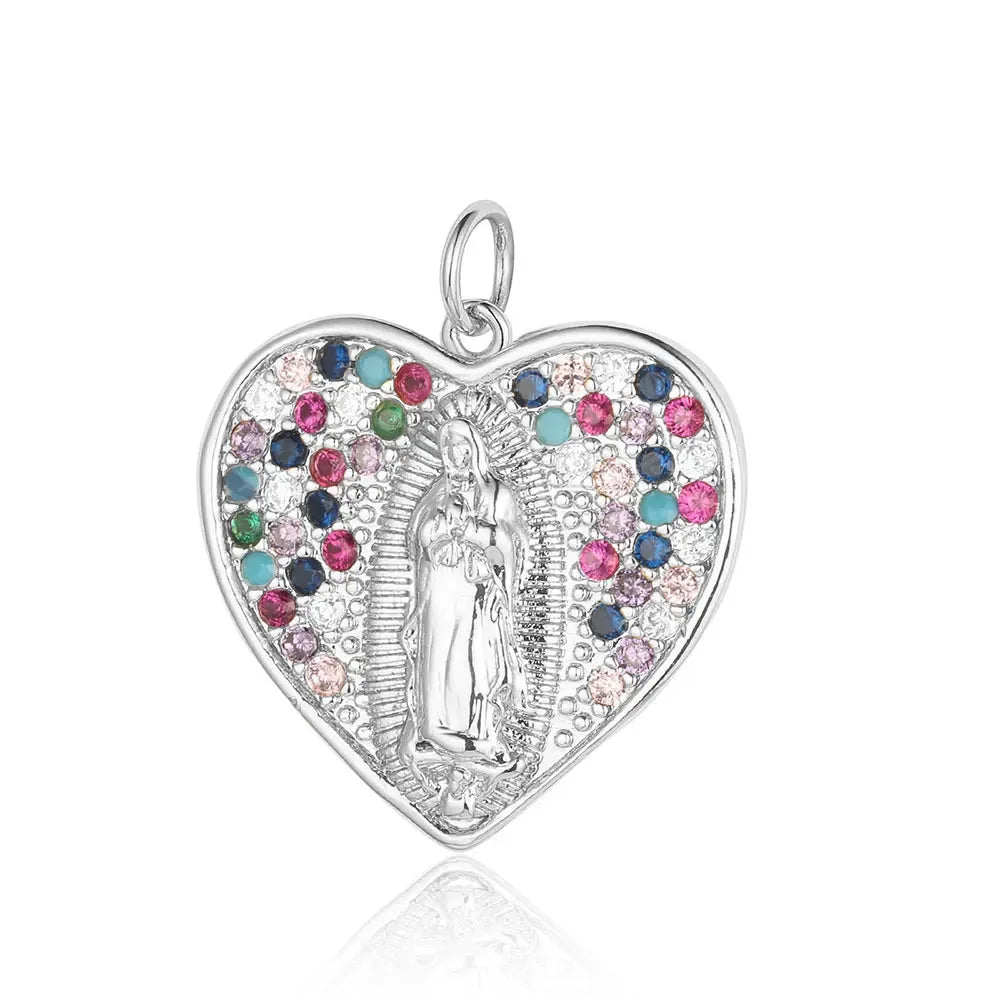 3-Piece Religious Pendant Set – Our Lady & Heart Cross Charms with Cubic Zirconia, Gold or Silver Plated