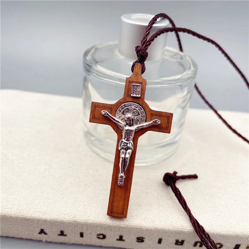 Christian Cross Pendant Necklace – Wood & Metal with Wax Rope Chain – Unisex Religious Jewelry
