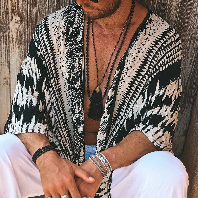 Retro Beach Cardigan Shirt for Men – Lightweight Striped Vacation Pullover with Turn-Down Collar