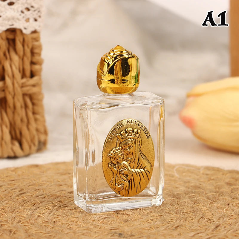 Mini Refillable Holy Water Bottle – Glass with Christian Figure & Rosette Cap – 15ml