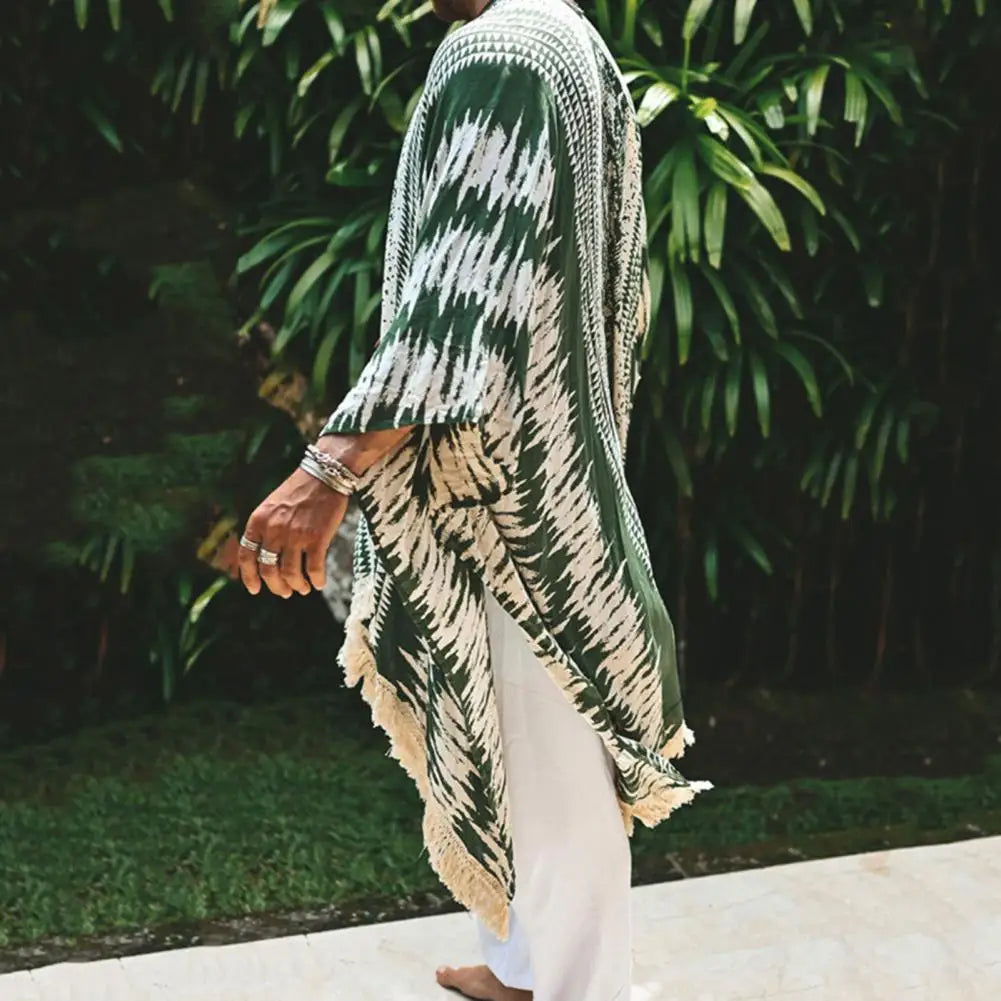 Men's Long Linen Tulum Cardigan – Lightweight Summer Sun Protection Shirt with Fringe