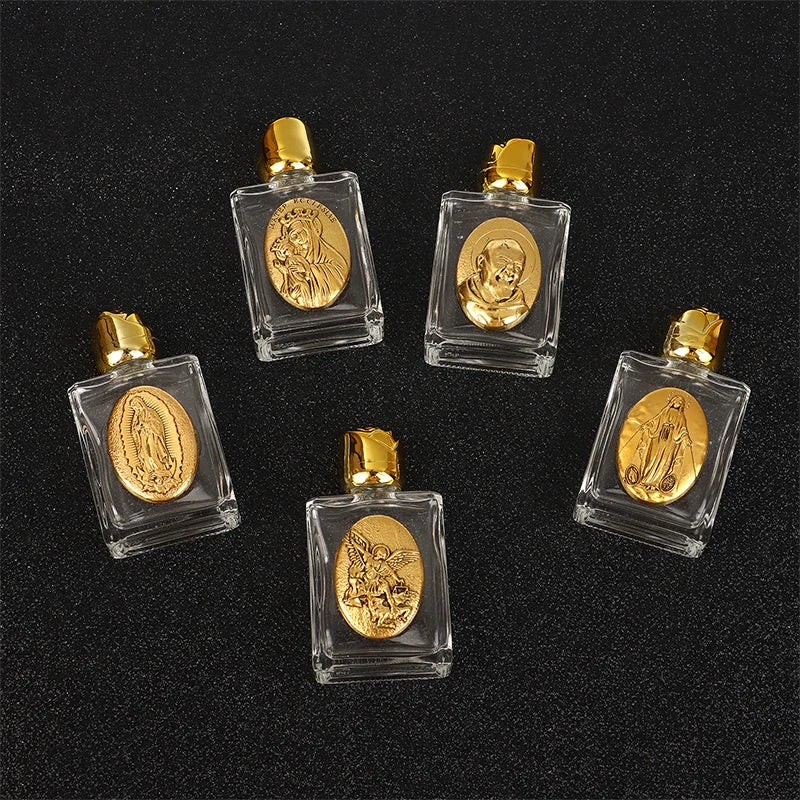 Mini Refillable Holy Water Bottle – Glass with Christian Figure & Rosette Cap – 15ml