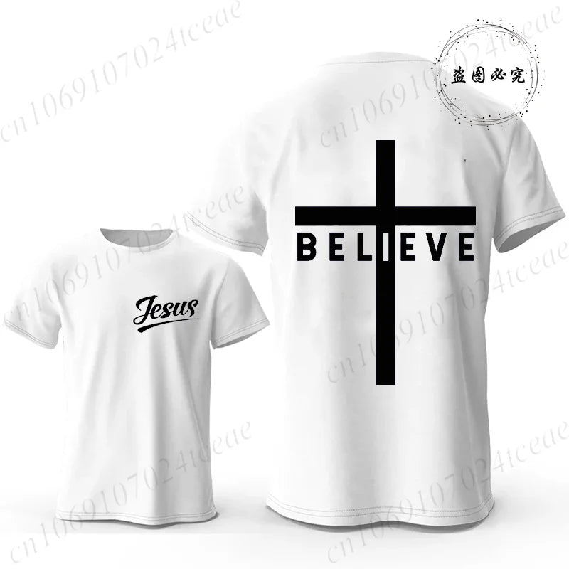 Believe Cross Jesus Graphic Men’s Casual Short Sleeve T-Shirt – Breathable Modal Fabric, Four Seasons Wear