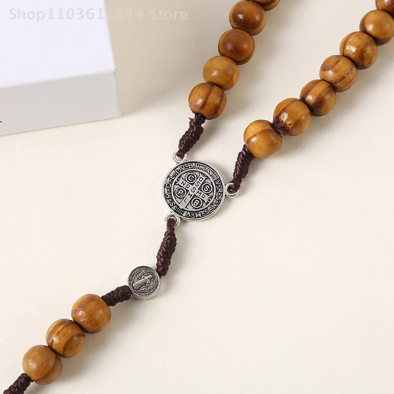 Wood Beads Rosary Cross Necklace For Women Men Christian Virgin Mary INRI Pendant Chain Fashion Religion