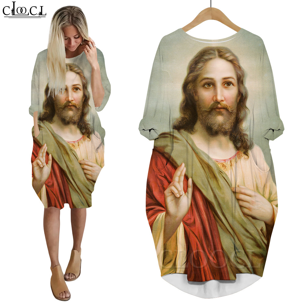 Women’s Jesus Catholic Loose Dress – Knee-Length Casual Long Sleeve Pocket Dress with 3D Printing