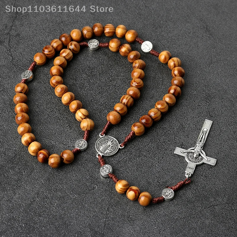 Wood Beads Rosary Cross Necklace For Women Men Christian Virgin Mary INRI Pendant Chain Fashion Religion