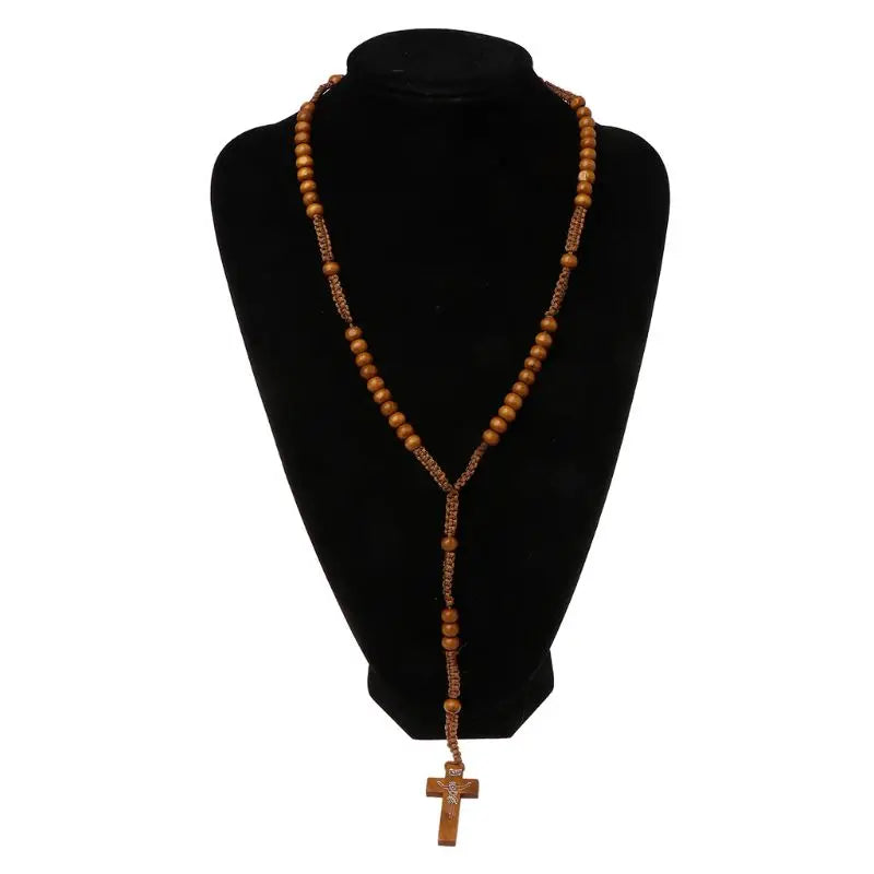 Catholic Wooden Beads Rosary Necklace with Jesus Cross Imprint – Religious Jewelry Souvenir Gift for Unisex Men and Women
