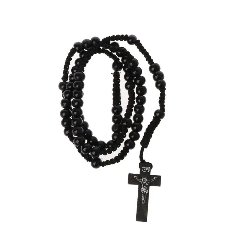 Catholic Wooden Beads Rosary Necklace with Jesus Cross Imprint – Religious Jewelry Souvenir Gift for Unisex Men and Women
