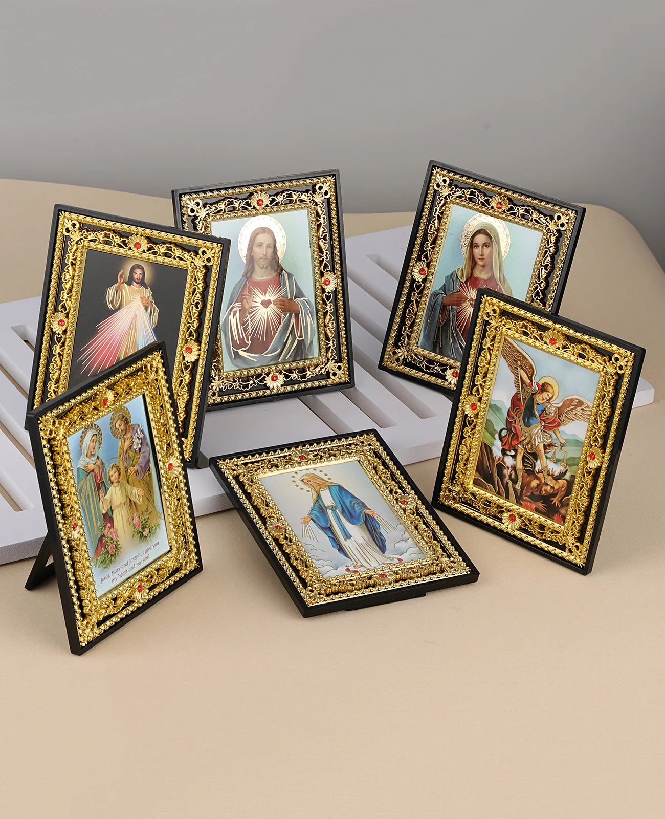 Immaculate Heart of Mary and St. Michael Icon Figurine – Square Frame Holy Family Tabletop Decoration