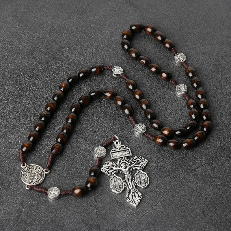 Wood Beads Rosary Cross Necklace For Women Men Christian Virgin Mary INRI Pendant Chain Fashion Religion
