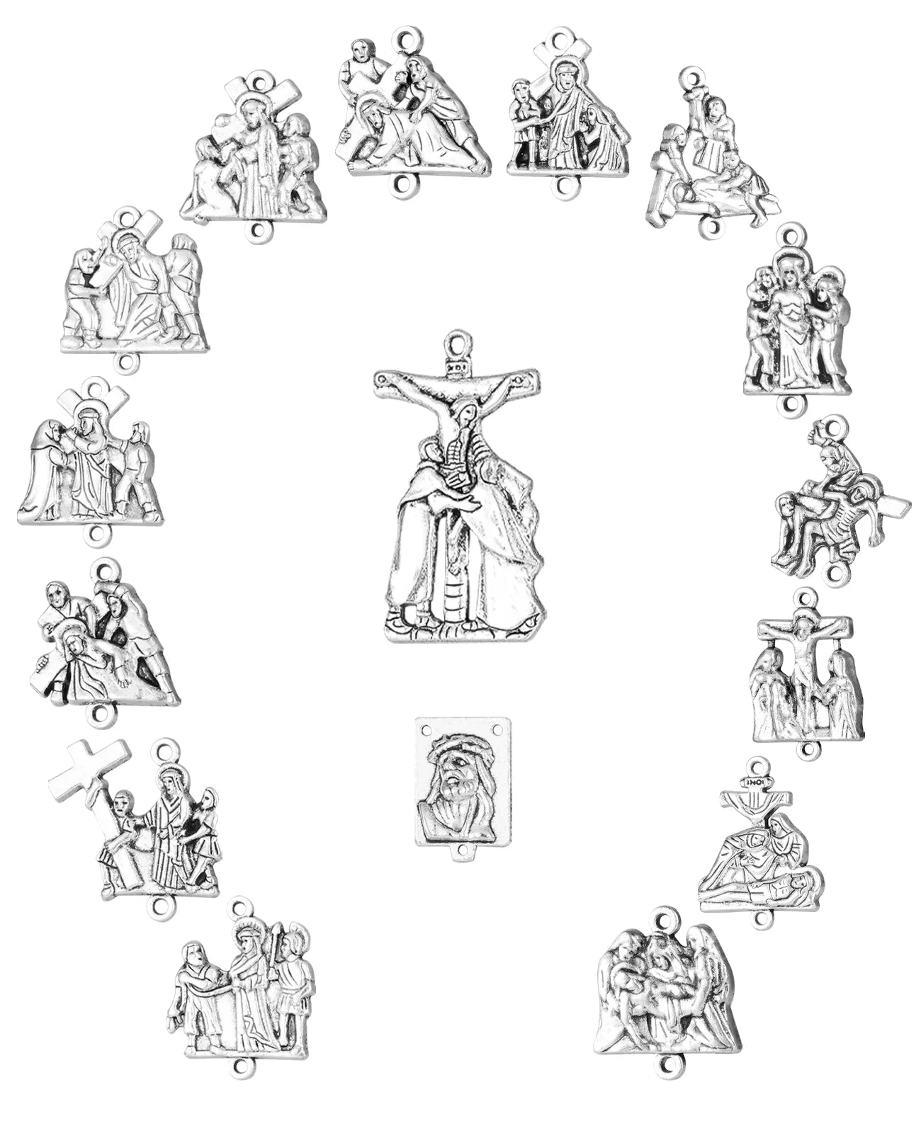 Stations of the Cross 16-Piece Medals Set - Crucifix, Jesus Cross, Crown of Thorns Pendants for Rosary DIY Accessories