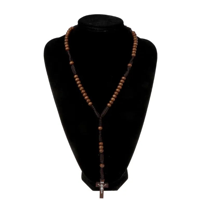 Catholic Wooden Beads Rosary Necklace with Jesus Cross Imprint – Religious Jewelry Souvenir Gift for Unisex Men and Women