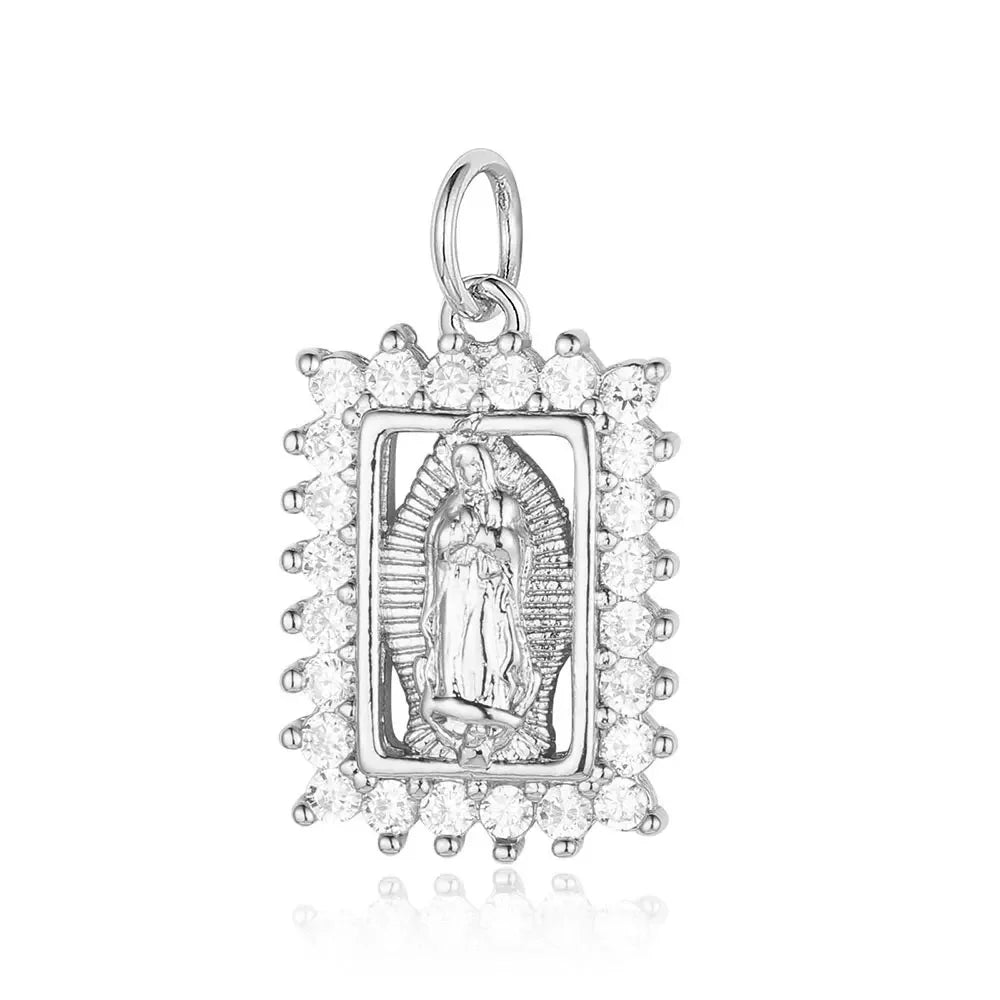 3-Piece Religious Pendant Set – Our Lady & Heart Cross Charms with Cubic Zirconia, Gold or Silver Plated
