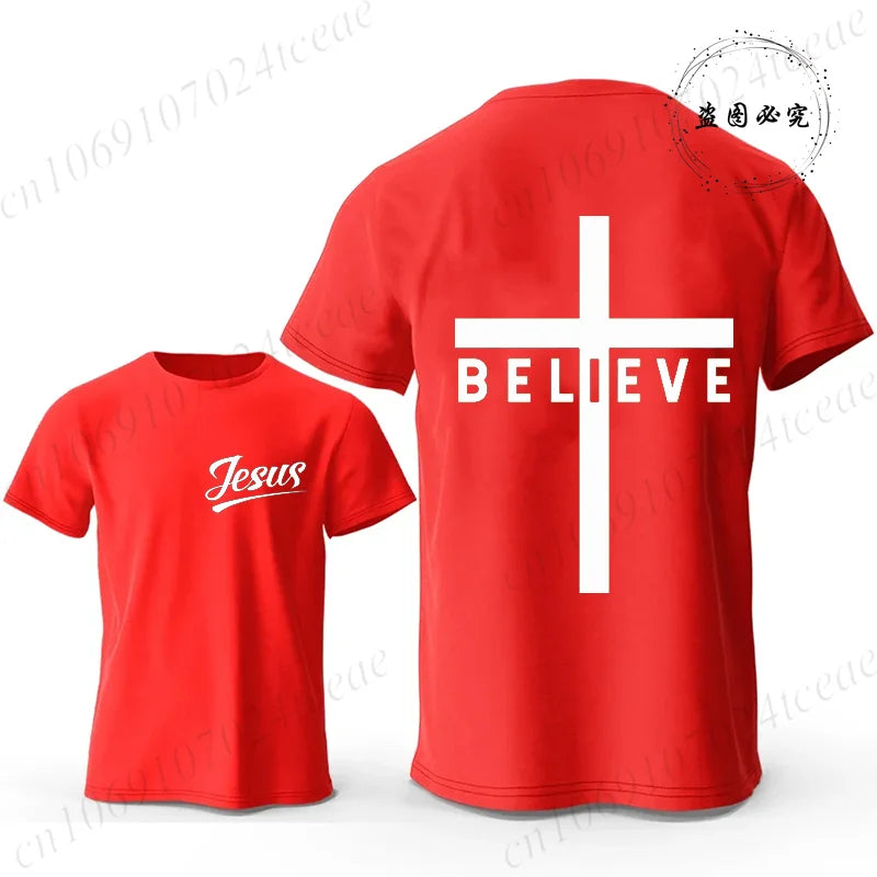 Believe Cross Jesus Graphic Men’s Casual Short Sleeve T-Shirt – Breathable Modal Fabric, Four Seasons Wear