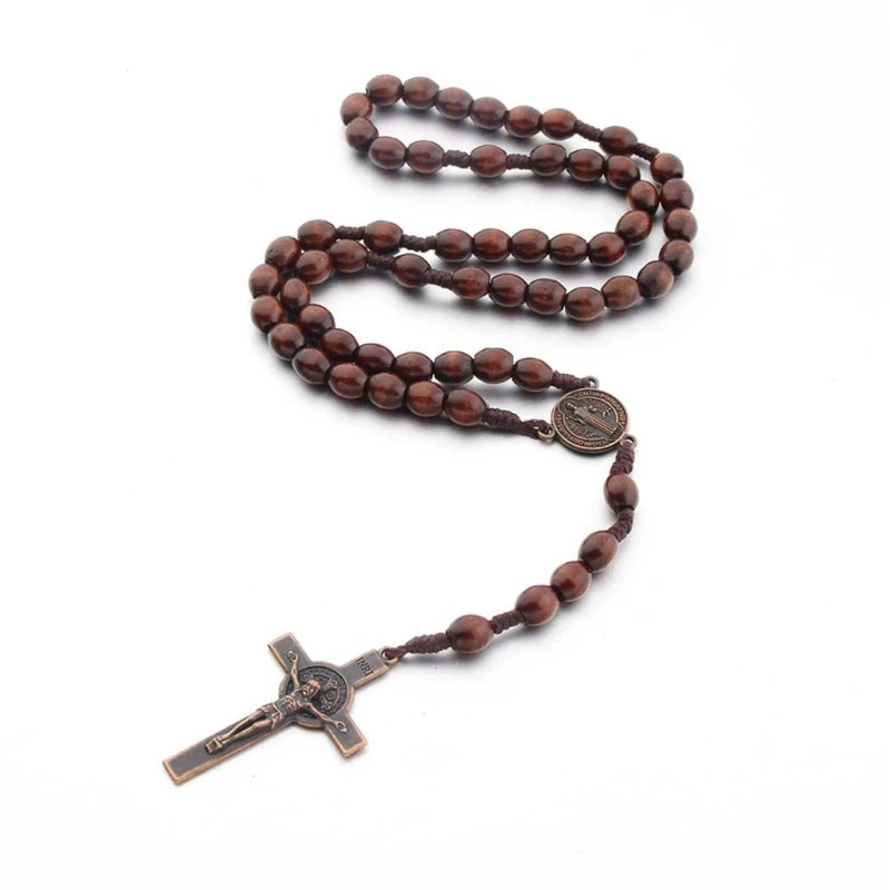 Handmade Wooden Rosary Necklace with Cross Pendant – Catholic Religious Gift for Men & Women, Prayer Necklace