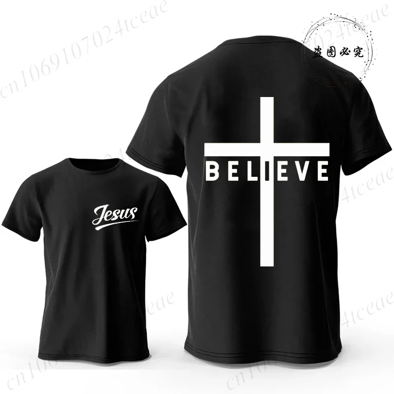 Believe Cross Jesus Graphic Men’s Casual Short Sleeve T-Shirt – Breathable Modal Fabric, Four Seasons Wear