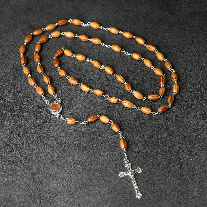 Wood Beads Rosary Cross Necklace For Women Men Christian Virgin Mary INRI Pendant Chain Fashion Religion