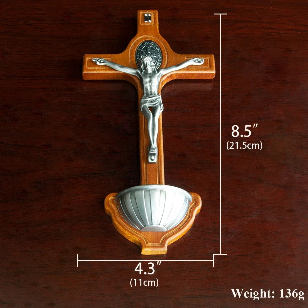 Wall-Mounted Wooden Cross with Water Holder – Traditional Decorative Wood Piece for Home or Chapel