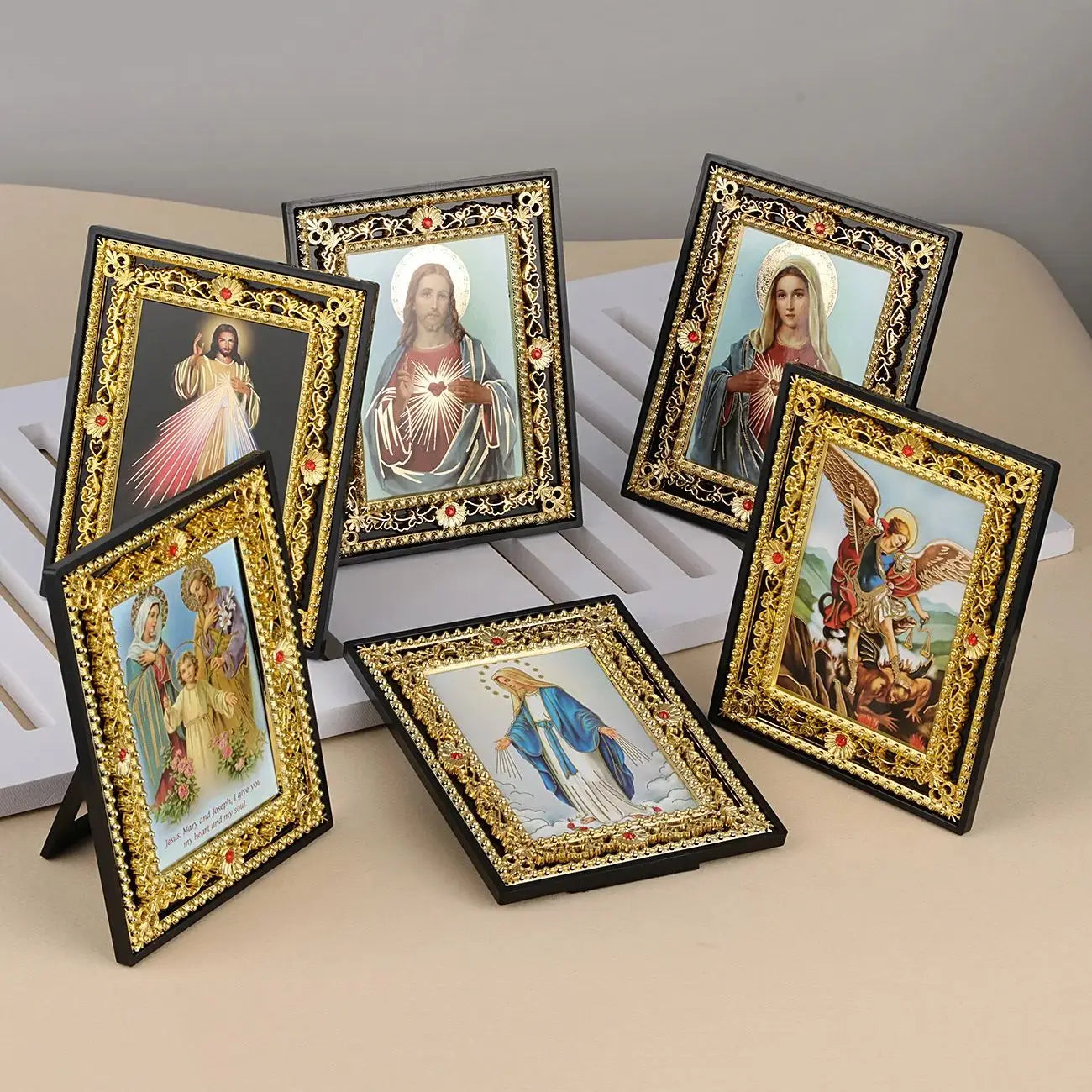 Immaculate Heart of Mary and St. Michael Icon Figurine – Square Frame Holy Family Tabletop Decoration