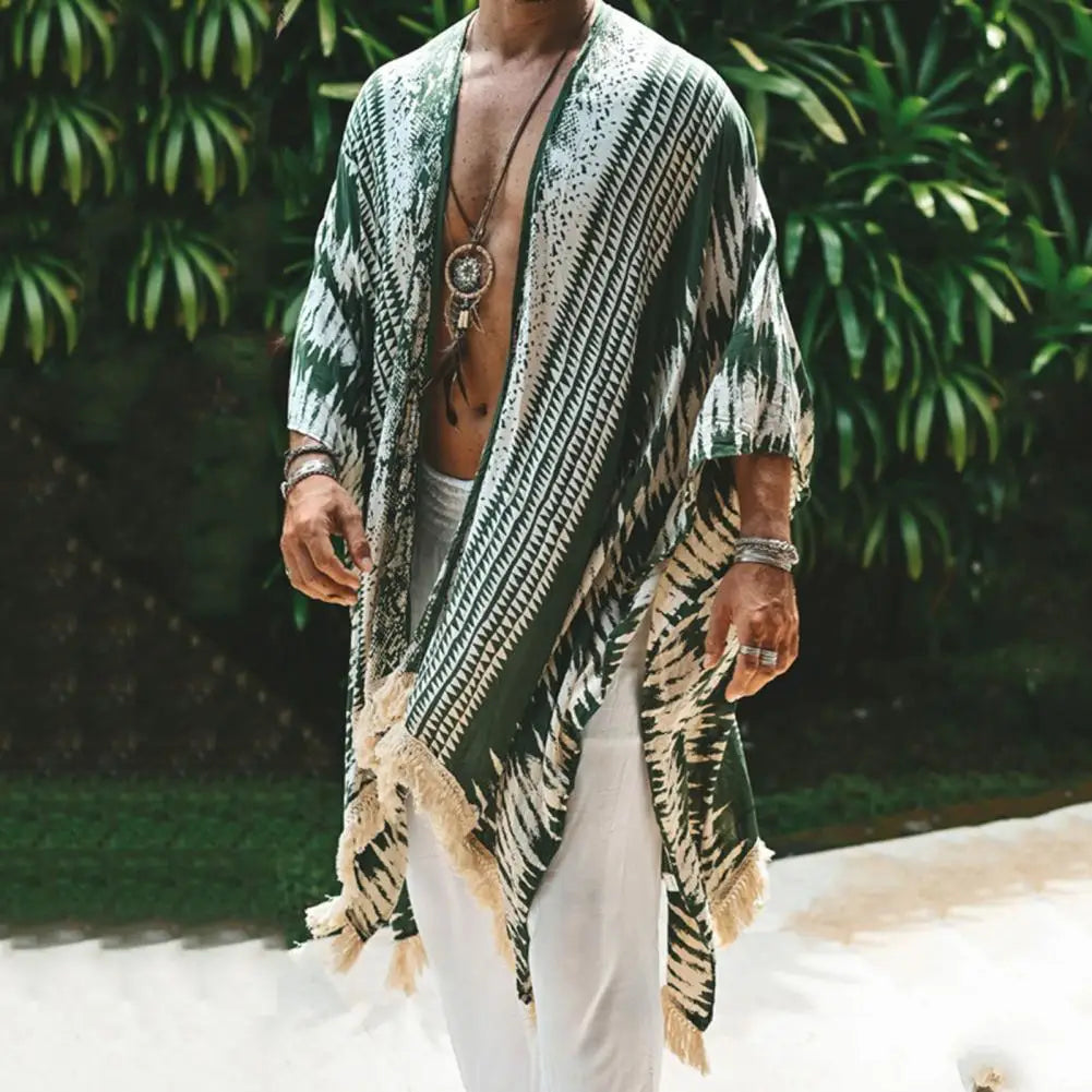 Men's Long Linen Tulum Cardigan – Lightweight Summer Sun Protection Shirt with Fringe