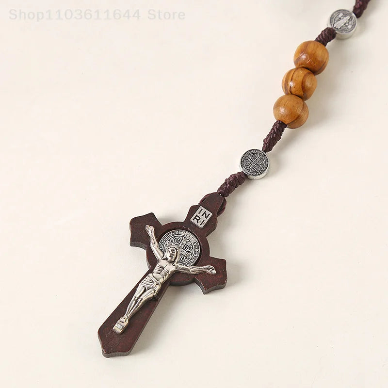 Wood Beads Rosary Cross Necklace For Women Men Christian Virgin Mary INRI Pendant Chain Fashion Religion
