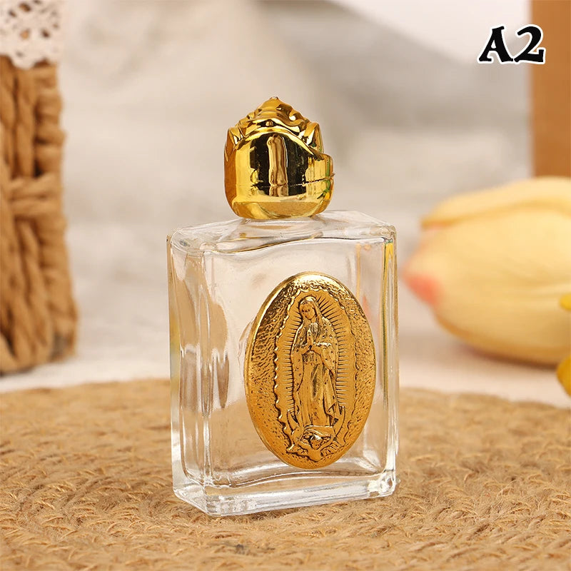 Mini Refillable Holy Water Bottle – Glass with Christian Figure & Rosette Cap – 15ml