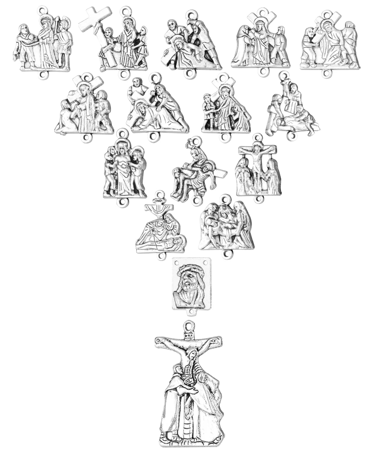 Stations of the Cross 16-Piece Medals Set - Crucifix, Jesus Cross, Crown of Thorns Pendants for Rosary DIY Accessories