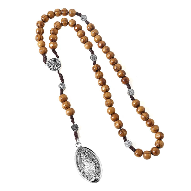 Wood Beads Rosary Cross Necklace For Women Men Christian Virgin Mary INRI Pendant Chain Fashion Religion