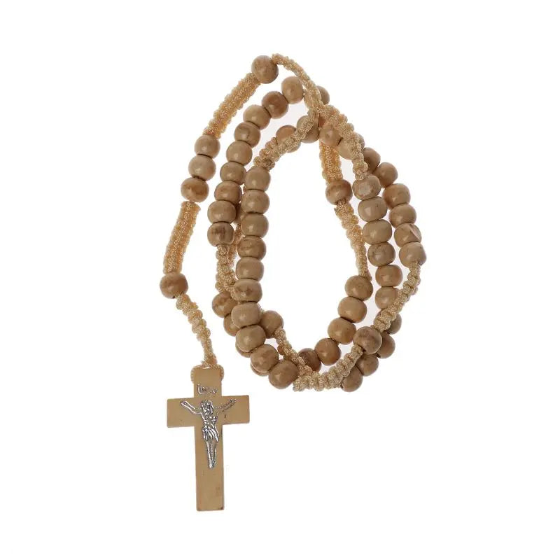 Catholic Wooden Beads Rosary Necklace with Jesus Cross Imprint – Religious Jewelry Souvenir Gift for Unisex Men and Women