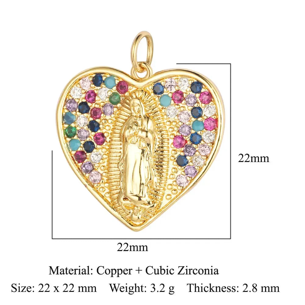 3-Piece Religious Pendant Set – Our Lady & Heart Cross Charms with Cubic Zirconia, Gold or Silver Plated