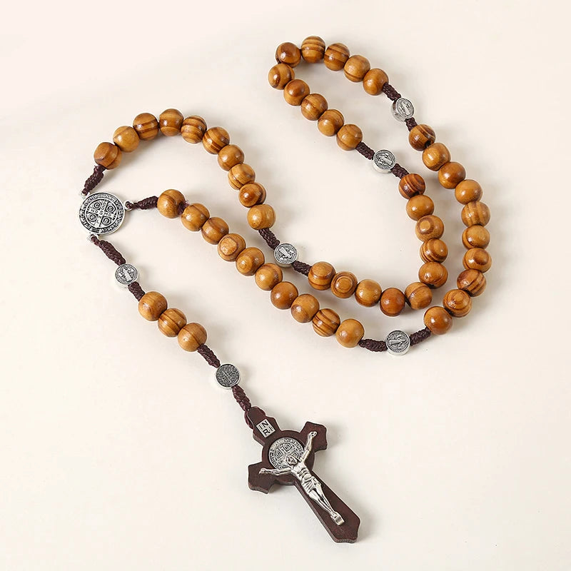Wood Beads Rosary Cross Necklace For Women Men Christian Virgin Mary INRI Pendant Chain Fashion Religion