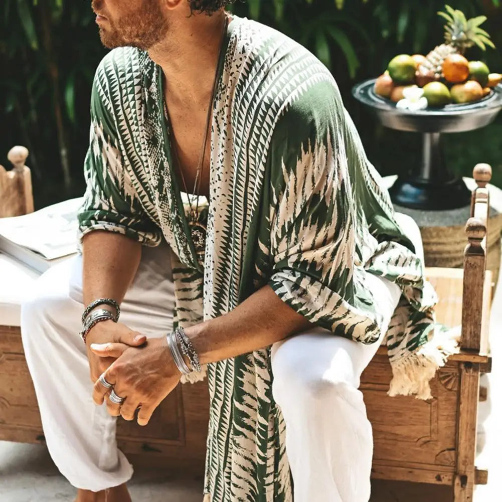 Men's Long Linen Tulum Cardigan – Lightweight Summer Sun Protection Shirt with Fringe