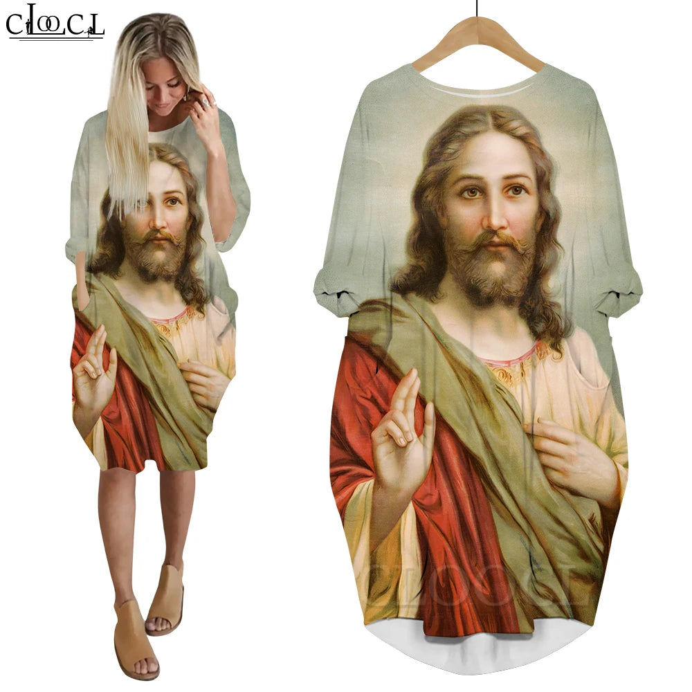 Women’s Jesus Catholic Loose Dress – Knee-Length Casual Long Sleeve Pocket Dress with 3D Printing