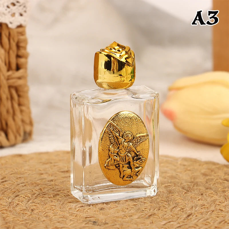 Mini Refillable Holy Water Bottle – Glass with Christian Figure & Rosette Cap – 15ml