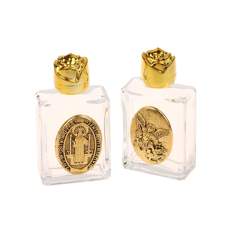 Mini Refillable Holy Water Bottle – Glass with Christian Figure & Rosette Cap – 15ml