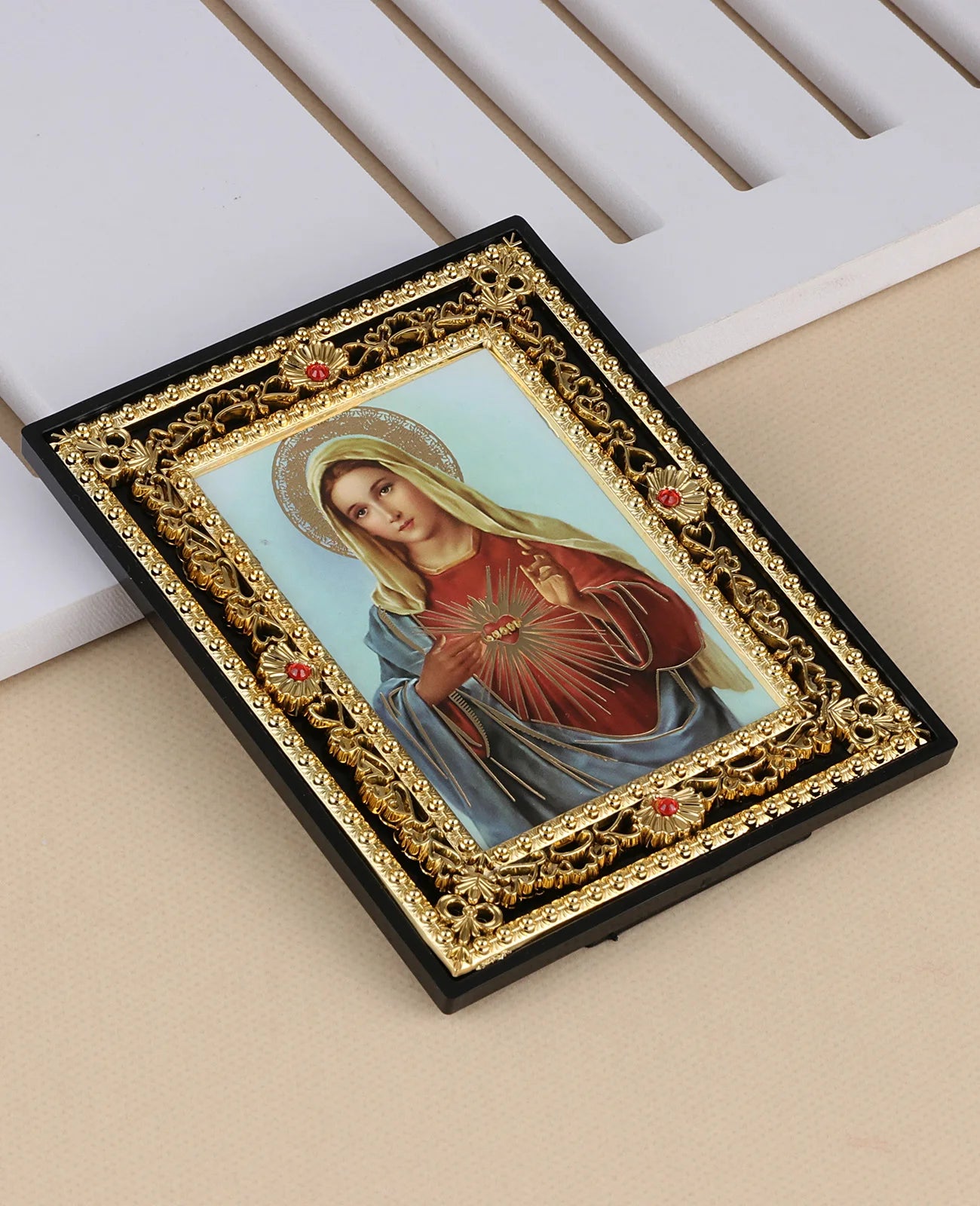 Immaculate Heart of Mary and St. Michael Icon Figurine – Square Frame Holy Family Tabletop Decoration