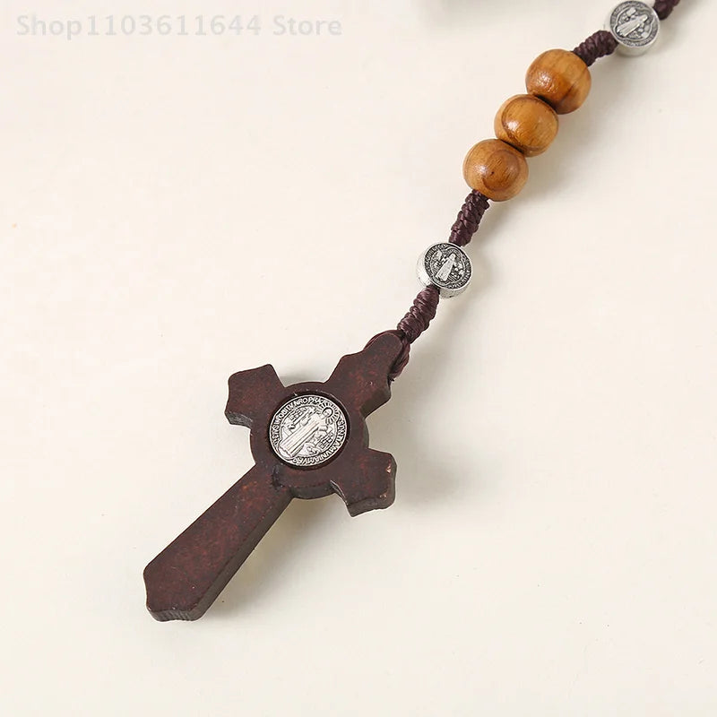 Wood Beads Rosary Cross Necklace For Women Men Christian Virgin Mary INRI Pendant Chain Fashion Religion